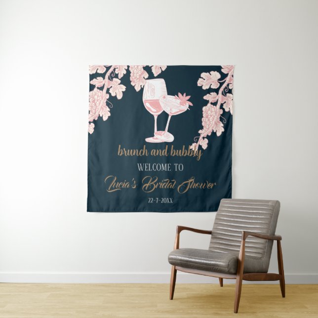 Black Peral Champagne Retro Bridal Shower Welcome Tapestry (In Situ)