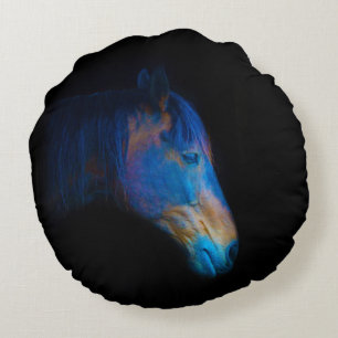 Black Percheron HDR Horse Portrait Equine Photo Round Cushion