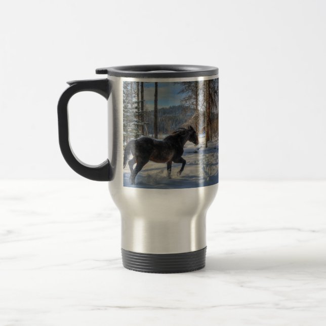 Black Percheron in Winter Snow & Forest Travel Mug (Left)