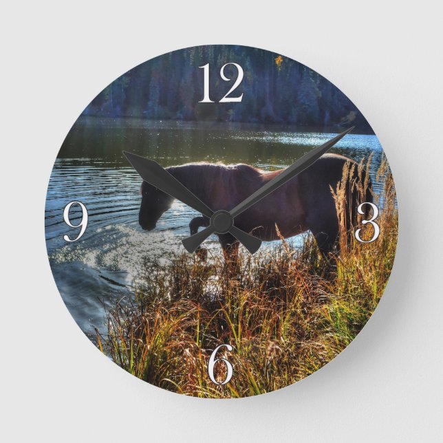Black Percheron Stallion Playing at Lake's Edge Round Clock (Front)