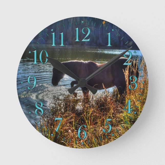 Black Percheron Stallion Playing at Lake's Edge Round Clock (Front)