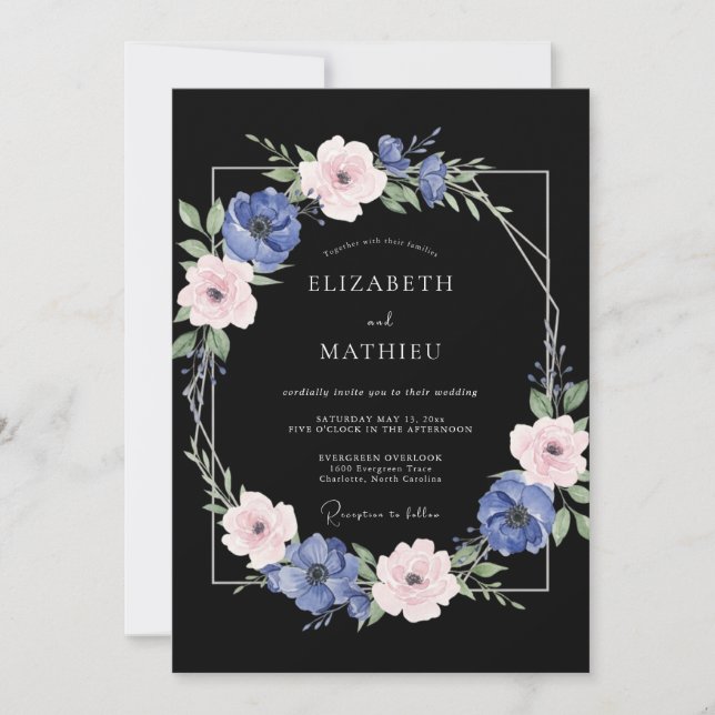 Black Periwinkle Ranunculus Eucalyptus Wedding Invitation (Front)