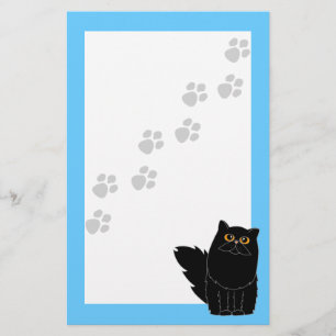 Black Persian Cat Orange Eyes Pawprint Stationery