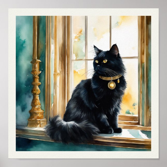 Black Persian Cat Watercolor Aqua Details Poster (Front)
