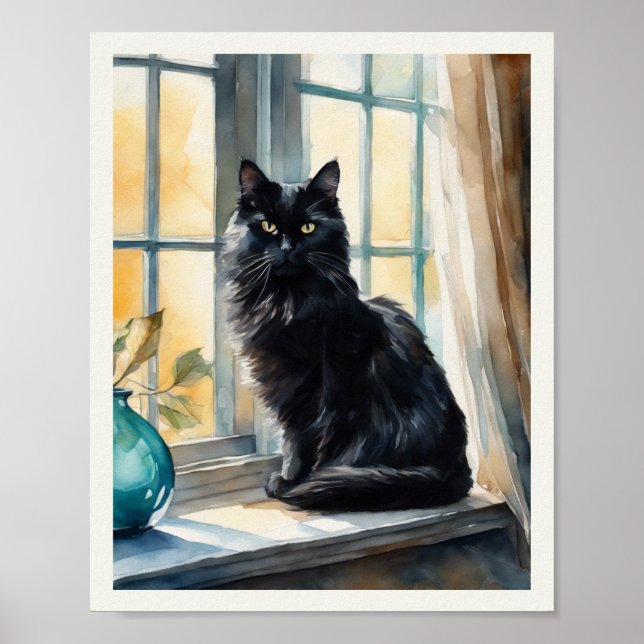 Black Persian Cat Watercolor Aqua Vase Poster (Front)