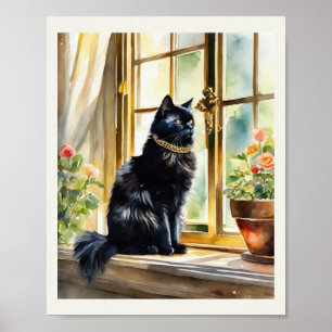 Black Persian Cat Watercolor Gold Collar Poster