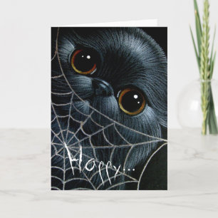 BLACK PERSIAN CAT & WEB HALLOWEEN Card