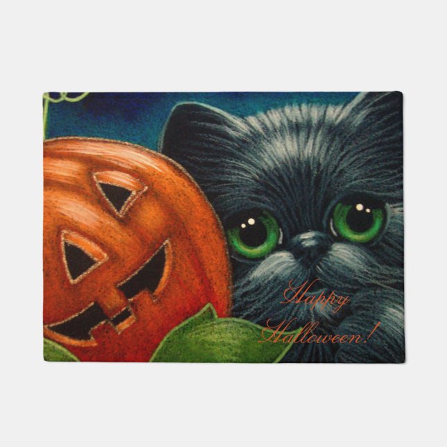 BLACK PERSIAN CAT WITH PUMPKING HALLOWEEN DOOR MAT (Front)