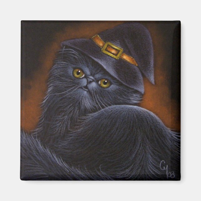 Black Persian Cat  with Witch Hat - Magnet (Front)
