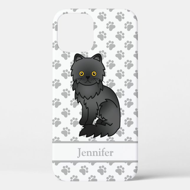 Black Persian Cute Cartoon Cat & Name Case-Mate iPhone Case (Back)