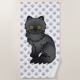 Black Persian Cute Cartoon Cat & Paws Beach Towel