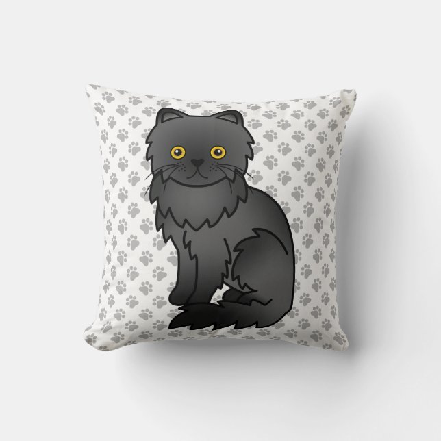 Black Persian Cute Cartoon Cat & Paws Cushion (Front)