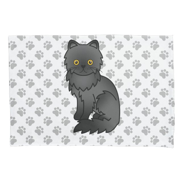 Black Persian Cute Cartoon Cat & Paws Pillowcase (Front)