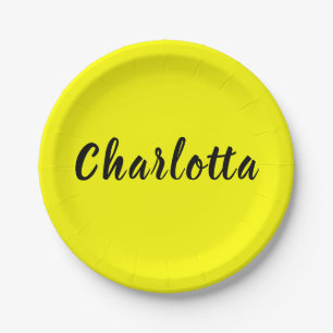 Black Personalise Name Neon Yellow Colour Paper Plate