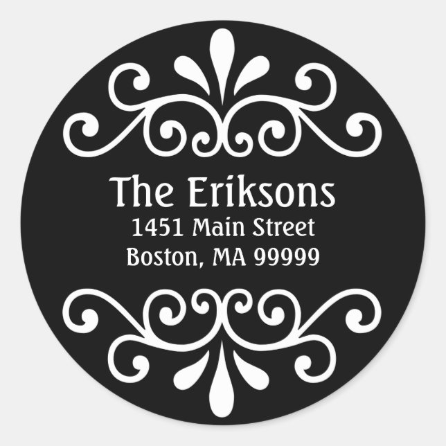 Black Personalised Address Scroll Classic Round Sticker (Front)