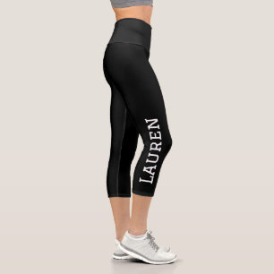 Black Personalised Custom Name Solid Colour Capri Leggings