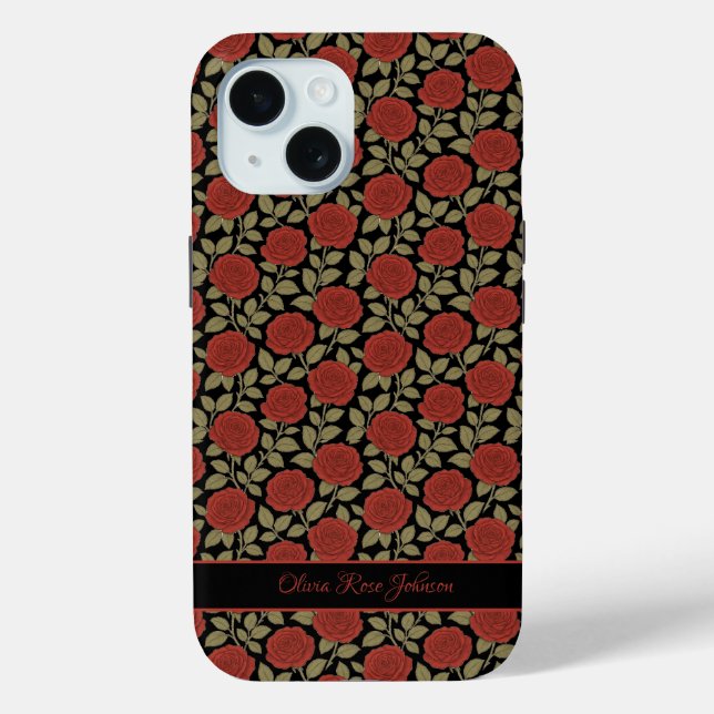Black Personalised Floral Red Rose Pattern Case-Mate iPhone Case (Back)