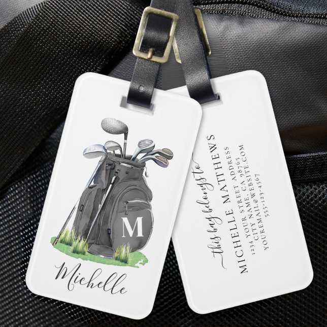 Black Personalised Golf Monogram Luggage Tag (Black Personalized Monogram Golf Bag Luggage Tag)