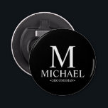 Black Personalised Groomsman Name and Monogram Bottle Opener<br><div class="desc">Modern Black and White Personalised Groomsman Gifts
featuring personalised monogram,  groomsman's name and title in white classic serif font style on black background.

Also perfect for Best Man,  Father of the Bride and more.</div>