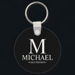 Black Personalised Groomsman Name and Monogram Key Ring<br><div class="desc">Modern Black and White Personalised Groomsman Gifts
featuring personalised monogram,  groomsman's name and title in white classic serif font style on black background.

Also perfect for Best Man,  Father of the Bride and more.</div>