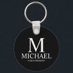 Black Personalised Groomsman Name and Monogram Key Ring<br><div class="desc">Modern Black and White Personalised Groomsman Gifts
featuring personalised monogram,  groomsman's name and title in white classic serif font style on black background.

Also perfect for Best Man,  Father of the Bride and more.</div>