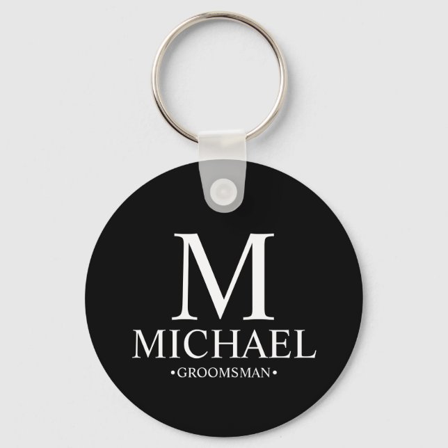 Black Personalised Groomsman Name and Monogram Key Ring (Front)