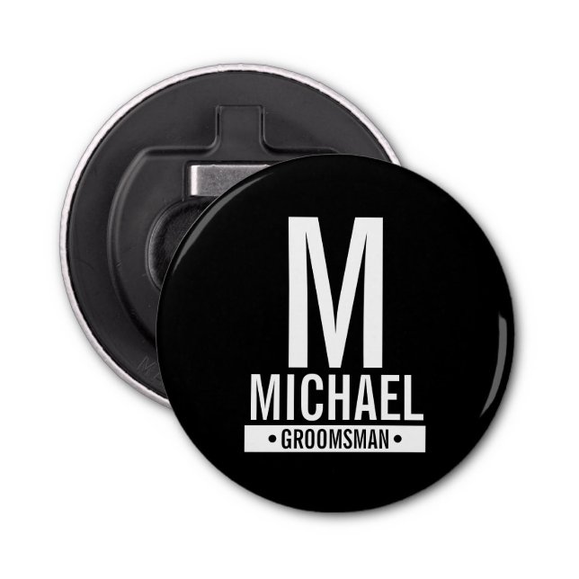 Black Personalised Groomsman's Monogram and Name Bottle Opener (Front)
