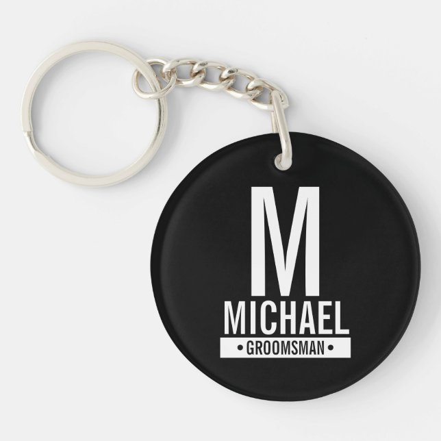 Black Personalised Groomsman's Monogram and Name Key Ring (Front)