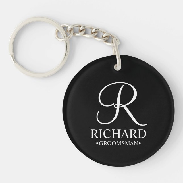 Black Personalised Groomsman's Name and Monogram Key Ring (Front)