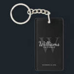 Black Personalised Groomsmen's name and Monogram  Key Ring<br><div class="desc">Add a personal touch to your wedding with personalised groomsmen keychain. This keychain features personalised groomsman's name in white classic script font style with wedding details in white classic serif font style and monogram in grey classic serif font style as background, on black background. Also perfect for best man, father...</div>