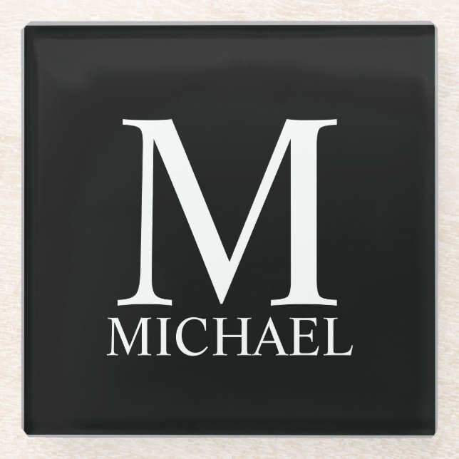 Black Personalised Monogram and Name Glass Coaster (Front)