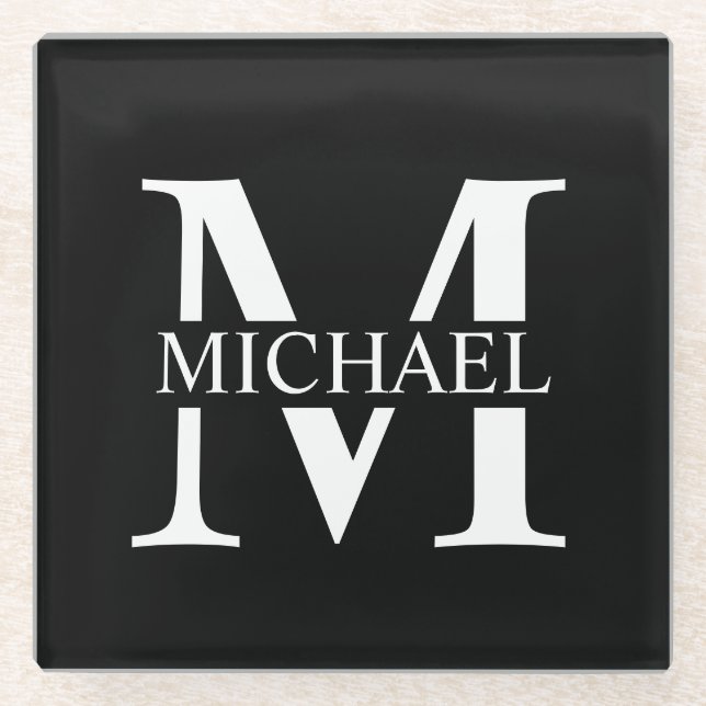 Black Personalised Monogram and Name Glass Coaster (Front)