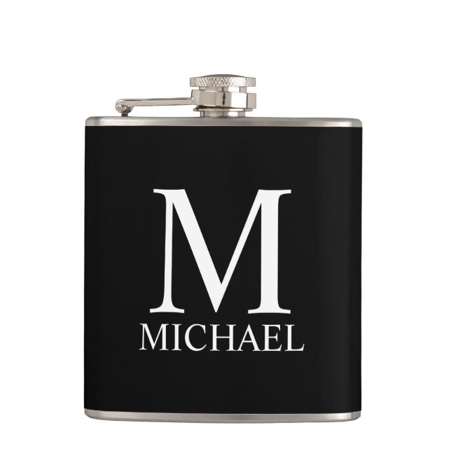 Black Personalised Monogram and Name Hip Flask (Front)