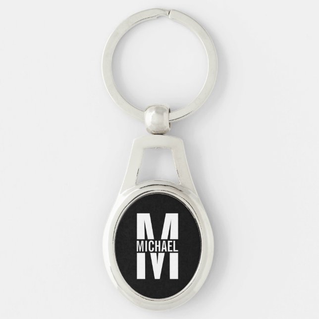 Black Personalised Monogram and Name  Key Ring (Front)