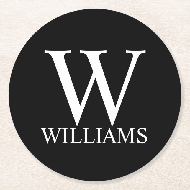 Black Personalised Monogram and Name Round Paper Coaster (Front)