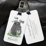 Black Personalised Monogram Golf Bag Luggage Tag<br><div class="desc">This cute monogram golf bag or luggage tag features a stylish black watercolor golf bag filled with clubs, surrounded by a touch of green grass. The design cleverly incorporates a simple serif font initial monogram on the bag, seamlessly blending into the design. Below the monogram, the full name is elegantly...</div>