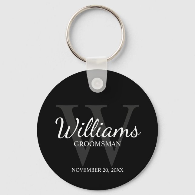 Black Personalised Script Groomsmen name&Monogram Key Ring (Front)
