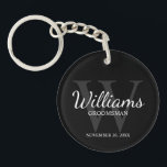 Black Personalised Script Groomsmen name&Monogram  Key Ring<br><div class="desc">Add a personal touch to your wedding with personalised groomsmen keychain. This keychain features personalised groomsman's name in white classic script font style with wedding details in white classic serif font style and monogram in grey classic serif font style as background, on black background. Also perfect for best man, father...</div>