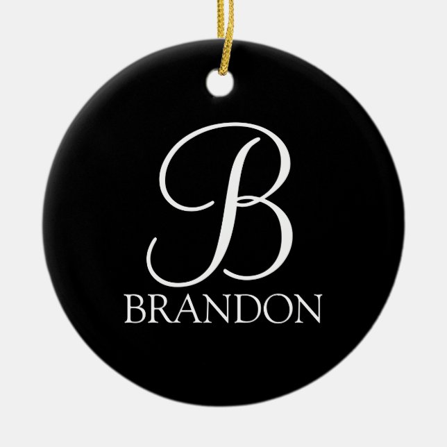 Black Personalised Script Monogram and Name Ceramic Ornament (Front)