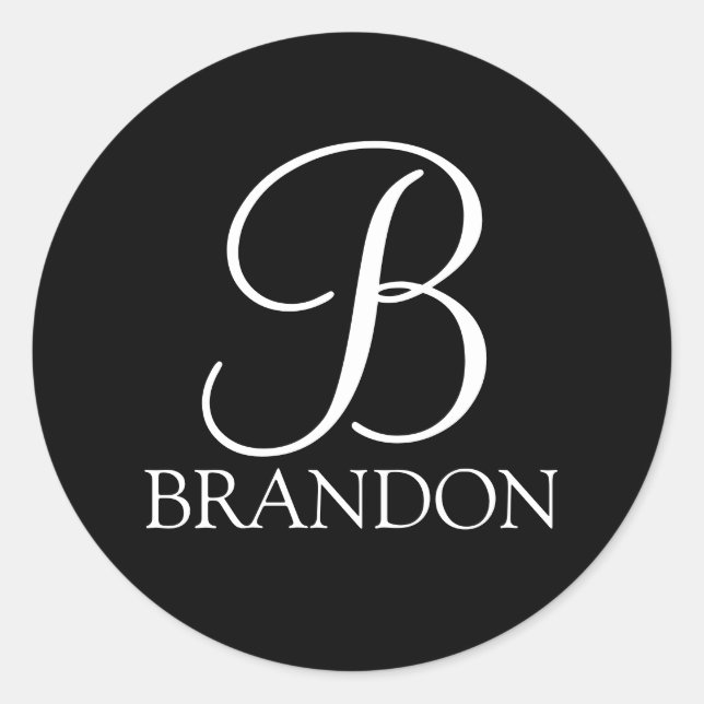 Black Personalised Script Monogram and Name Classic Round Sticker (Front)