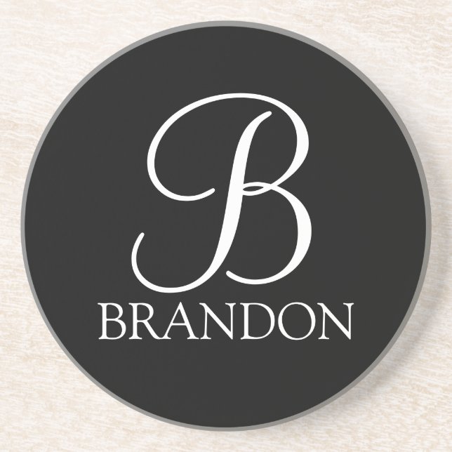 Black Personalised Script Monogram and Name Coaster (Front)