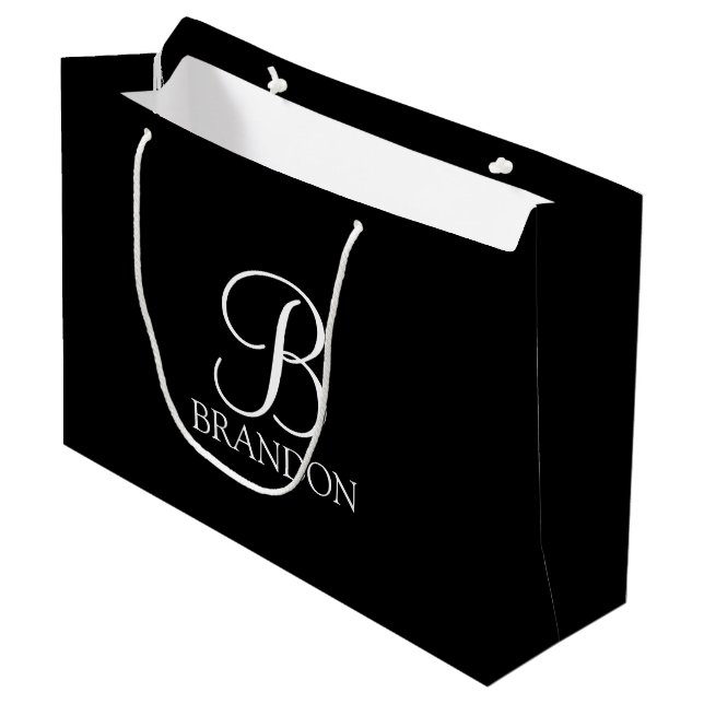 Black Personalised Script Monogram and Name Large Gift Bag (Front Angled)
