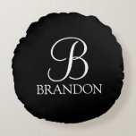 Black Personalised Script Monogram and Name Round Cushion<br><div class="desc">Personalised Monogram and Name Gift
features personalised monogram in white classic script font style and name in white classic serif font style on black background.

Perfect as holiday gift,  family reunion favours,  housewarming gift,  wedding gift and gift for any special occasions.</div>