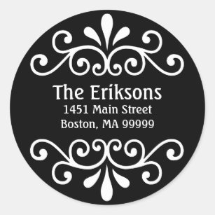 Black Personalized Address Scroll Classic Round Sticker
