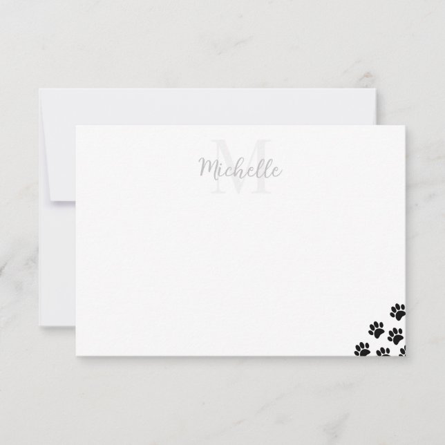 Black Pet Paw Prints Custom Monogram Simple  Card (Front)