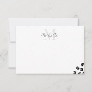 Black Pet Paw Prints Editable Monogram Simple  Card
