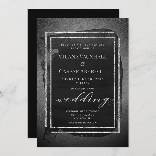 Black Pewter & Silver Frames Metallic Wedding Invitation (Front/Back)