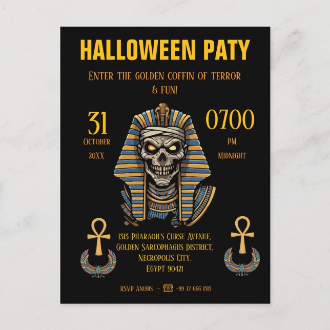 🖤 Black Pharaoh Mummy Invitation 🎃✉️ (Front)
