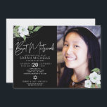 Black Photo Bat Mitzvah Silver Floral Watercolor Invitation<br><div class="desc">Be proud, rejoice and showcase this milestone of your favourite Bat Mitzvah with this sophisticated, personalised photo invitation! A chic, stunning, white and faux silver glitter floral watercolor, faux silver foil script typography and white sans serif type overlay a dramatic black background on the left side, your personalised photo on...</div>