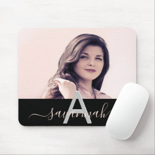 Black photo blush script monogram mouse pad